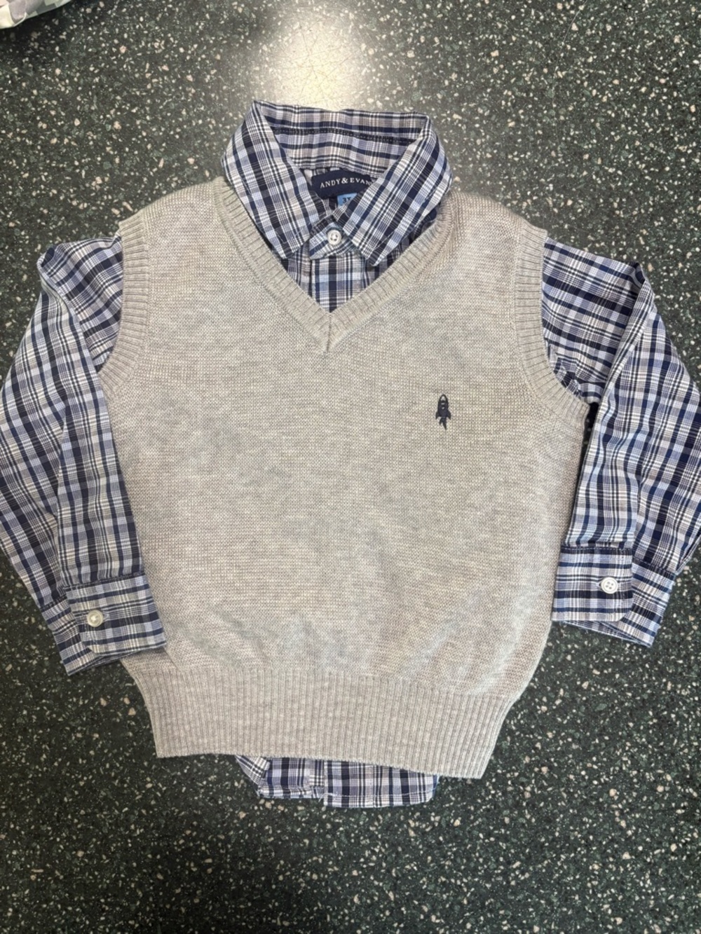 Andy & Evan Gray Knit Vest with Blue Plaid Button-Up Shirt